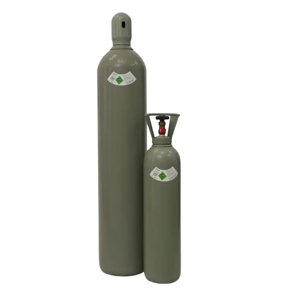 Two cylindrical gas bottles, one large and one small, stand vertically with safety labels, against a neutral background.