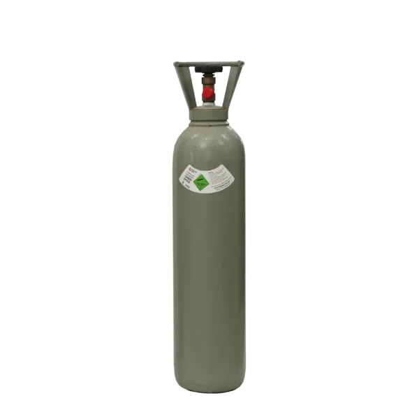 A green gas canister stands upright against a black background, featuring a safety valve on top and a label with hazard symbols.