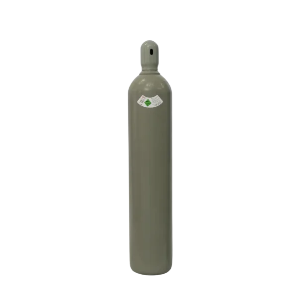 Olive-green compressed gas cylinder standing vertically against a black background; a white and green product label is affixed near the top.