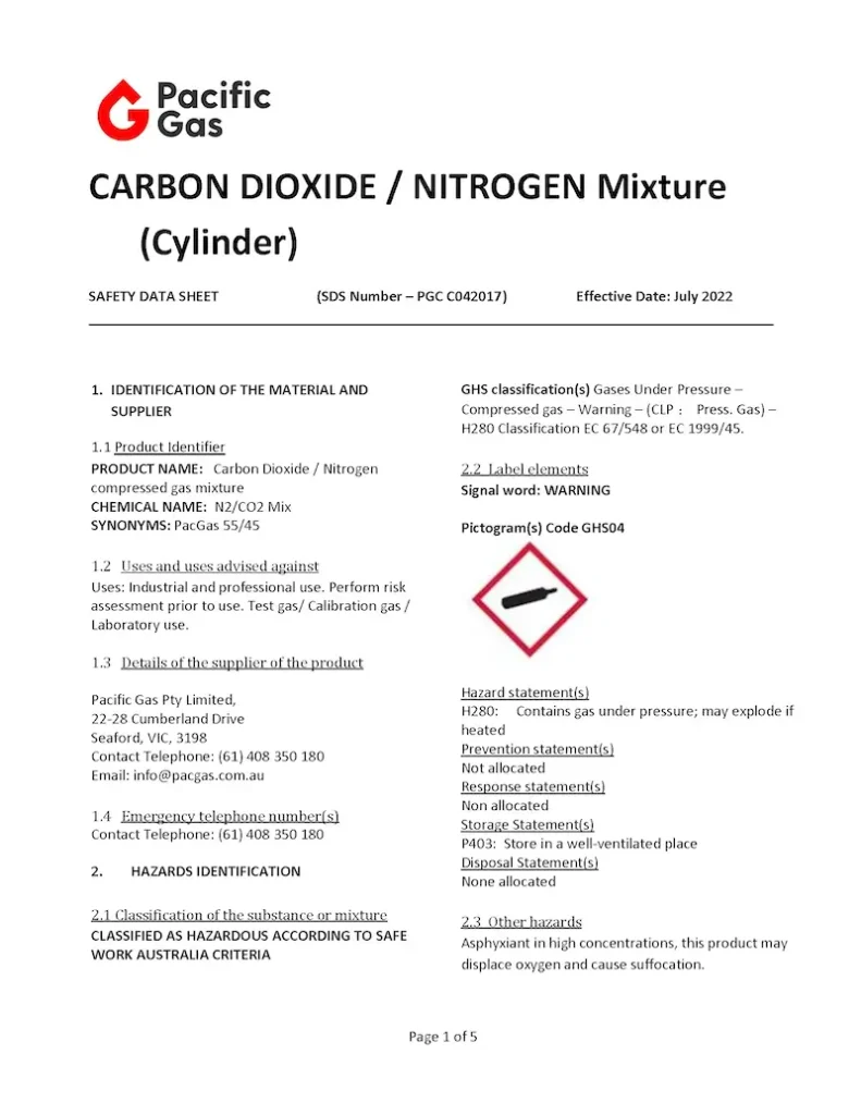 Carbon dioxide and nitrogen gas mixture cylinder
