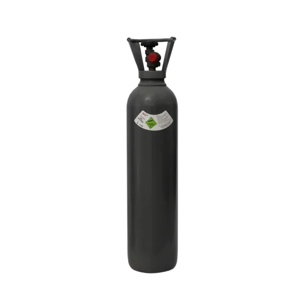 A standing black gas cylinder with a valve and safety cap, against a black background, with a diamond-shaped hazard label.