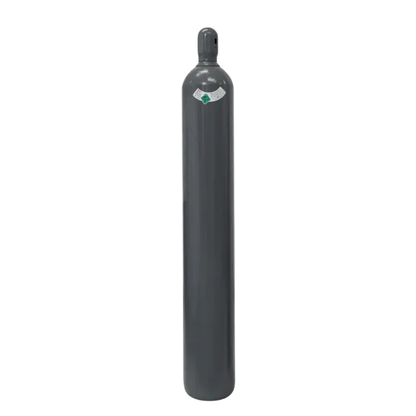 A tall, slender gray gas cylinder stands vertically against a black background. It has a green label near the top.