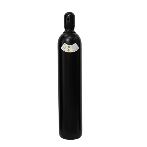 A black cylindrical gas bottle stands upright against a black background; it features a warning label near its shoulder.