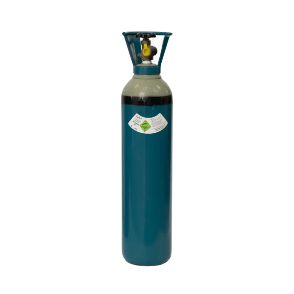 A blue gas cylinder with a valve and safety cap, standing against a black background.