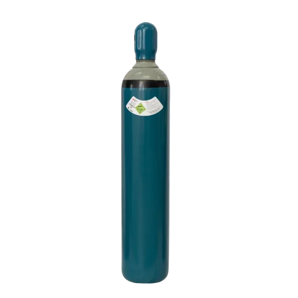 A teal-colored gas cylinder with a label stands upright against a black background.