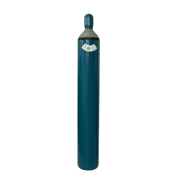 A teal-colored gas cylinder with a safety label, standing upright against a black background.