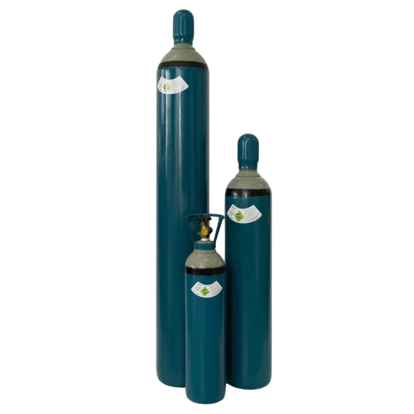 Three different-sized dark green gas cylinders with white labels, standing upright against a black background. The smallest one has a valve and gauge.