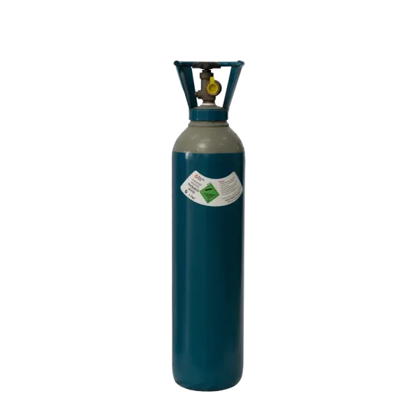 A teal gas cylinder with valve and safety cap stands inert against a dark background. It displays hazard warning labels indicating flammability and health risks.