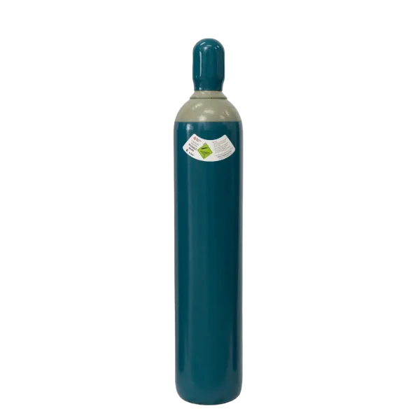A teal-colored gas cylinder stands upright with a white label displaying safety information, isolated against a dark background.