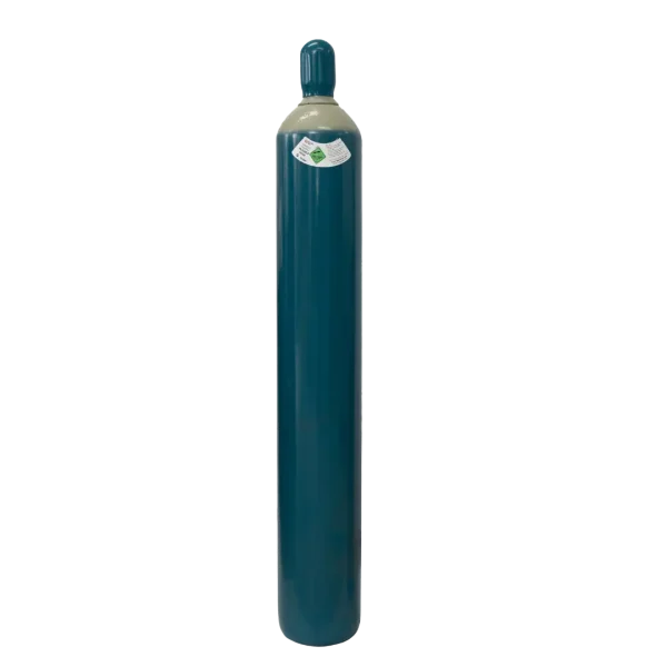 A tall, slender blue cylinder stands upright against a black background. A label with a green diamond-shaped logo is attached near its top.